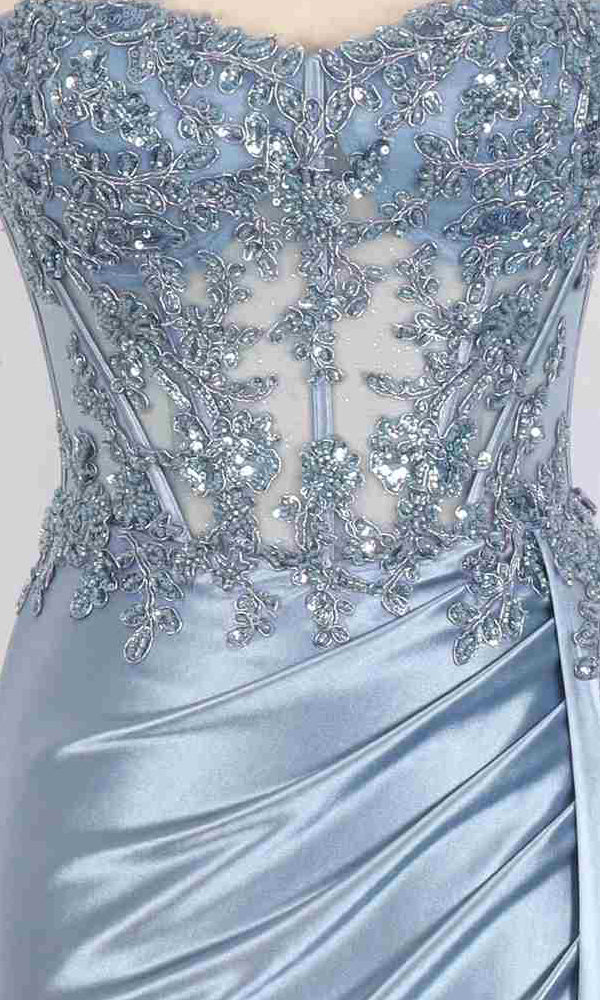 Close-up of the PromGirl Exclusive 250256 long prom dress in light blue satin, featuring an intricately embroidered corset bodice with beaded lace and a sheer panel.